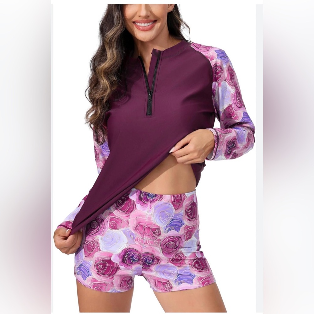 NWT Womens top Plus Size Long Sleeve Rash Guard Sets Half
Zip Swim Shirts Top - Picture 2 of 6